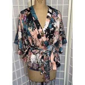 Guess Y2K Kimono Wrap Top Pink Blue Black Boho Peplum Bold Floral Soft Dramatic